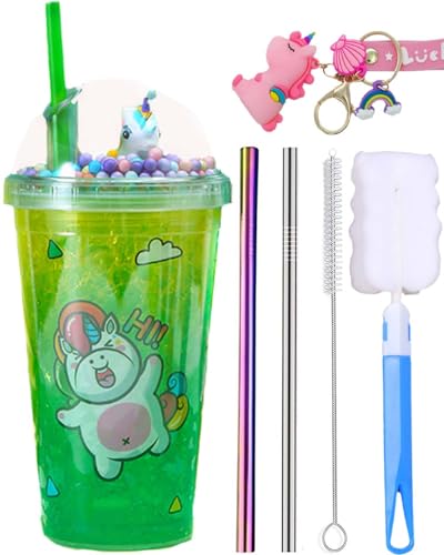 seelucky Unicorn Travel Tumbler with Straw Sequin Ice Drinking Cup Freezer Mug Plastic Cup for Picnic Party Birthday (unicorn fun green)