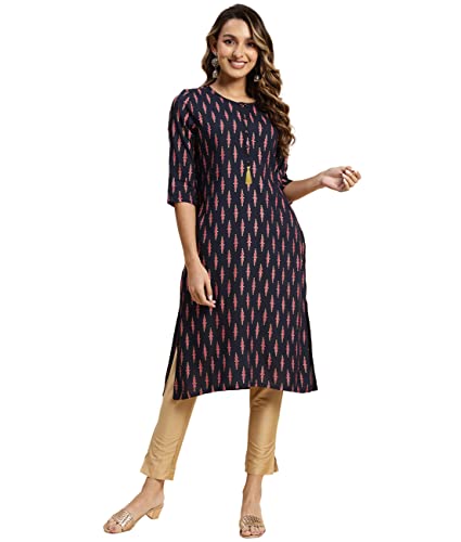 Image of rangita Navy Rayon Calf Length Printed Straight Kurti for Women | Kurta for Women