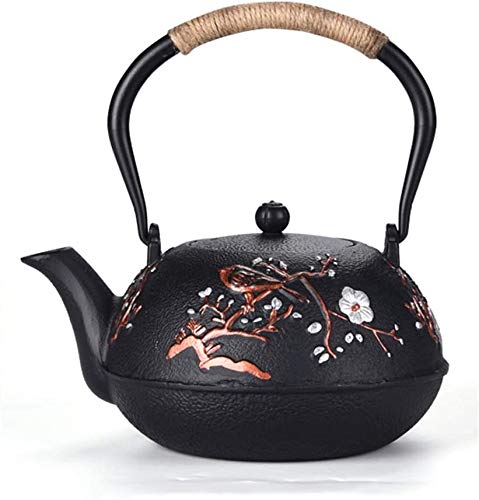 MGEMJMJ 1100ml Antique Cast Iron Teapot With Insulation Handle, Chinese Plum Blossom Pattern Tetsubin Tea Kettle As Gift Black