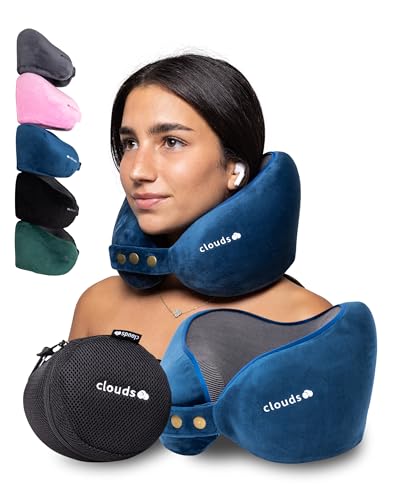 CLOUDS Nackenkissen Flugzeug & Auto – Einstellbares Memory Foam Reisekissen in 2 Größen für Erwachsene - Atmungsaktiver- extraweicher Bezug in 5...