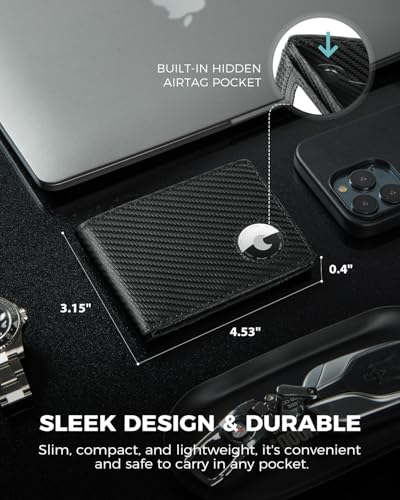 Air Tag Wallet for Men, Genuine Leather Carbon Fiber Mens Wallet with AirTag Holder, RFID Blocking Wallet with ID Window up to 12 Cards Gifts for Men3