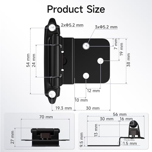 HOSOM 20 Pack 3/8\" Inset Cabinet Hinges Black, Cabinet Door Hinges for Kitchen Cabinet Doors, Flush Face Mount Cupboard Hinges with Door Bumper, Self Closing Cabinet Hinges for Kitchen & Bath - Thumbnail 2