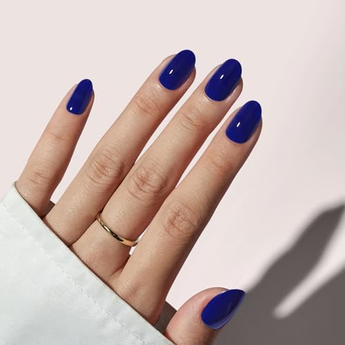 BTArtbox Press On Nails, Short Oval Blue Fake Nails, 32Pcs Full Kit