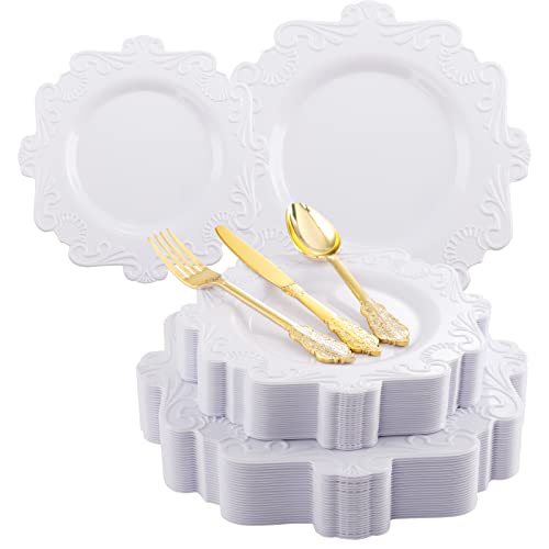 BBG 25 Guest White Plastic Plates with Gold Disposable Silverware, White & Gold Dinnerware for Party include 25 Dinner Plates, 25 Dessert Plates, 25 Forks, 25 Knives and 25 Spoons