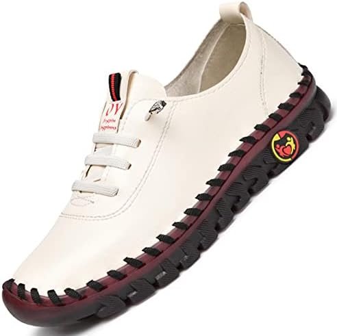 Tenacitee Women's Leather Soft Bottom Flat Shoes Handmade Beef Tendon Leisure Set of Feet Breathable Round Head Non-Slip Mom Loafers White