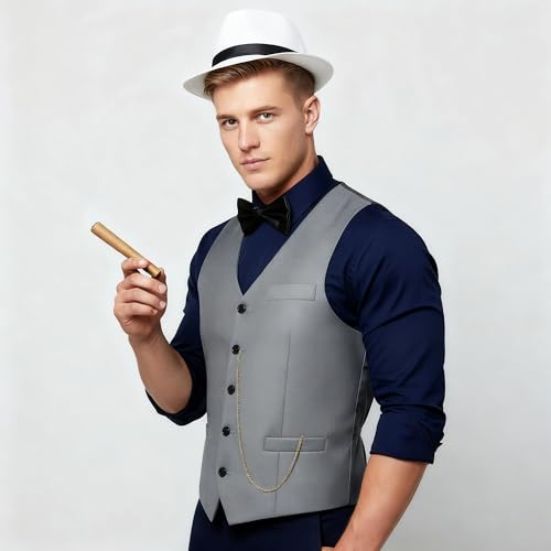 Image of BABEYOND 1920s Mens Gangster Vest Costume Accessories Set Fedora Hat