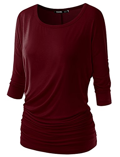 TWINTH Womens 3/4 Sleeve Dolman Drape Top with Side Shirring Loose Fit Tunic Top Plus Size Burgundy XX-Large