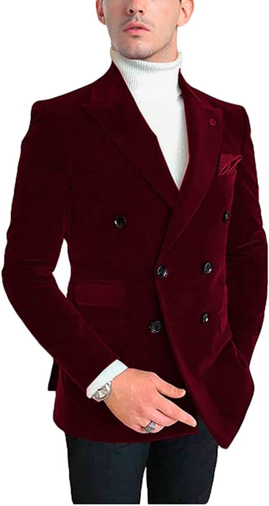 Men's Double Breasted Velvet Blazer Notch Lapel Tuxedos Jacket Wedding Party Coat Casual Wear