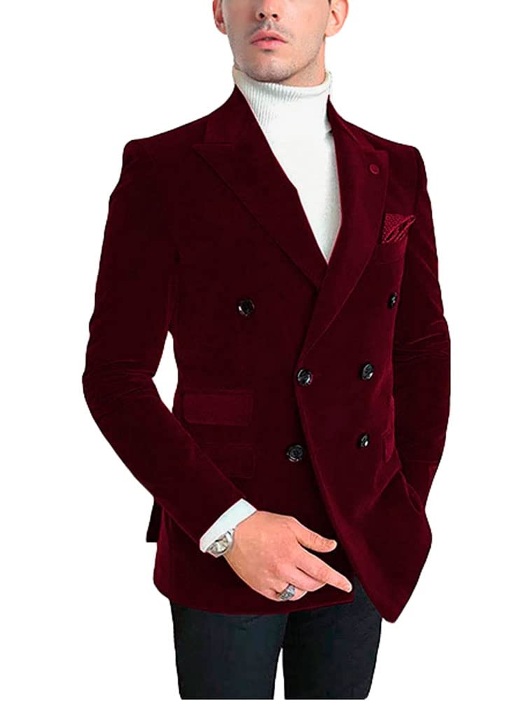 Botong Men's Burgundy Double Breasted Velvet Blazer Notch Lapel Tuxedos Jacket Wedding Party Coat Casual Wear 50/44
