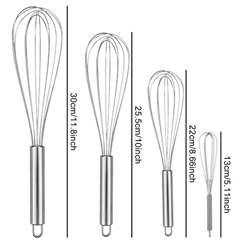 LAMXD 4-częściowy profesjonalny ubijacz kuchenny ze stali nierdzewnej, ręczny ubijacz do jajek zawiera 21 cm, 26 cm, 29 cm, trzepaczka do mieszania, mieszania, ciasta, jajek, trzepaczki, srebrnej