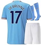 Genu Manchester Home Blue De Bruyne 21/22 Soccer Kids Jersey + Shorts + Socks Set Kit Size Medium (8-9 Years Old) for Youth