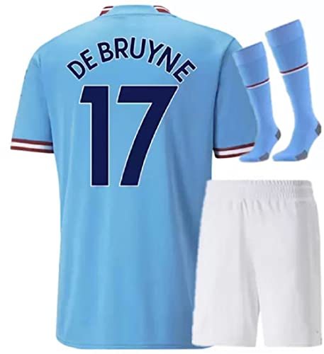 Genu Manchester Home Blue De Bruyne 21/22 Soccer Kids Jersey + Shorts + Socks Set Kit Size Medium (8-9 Years Old) for Youth
