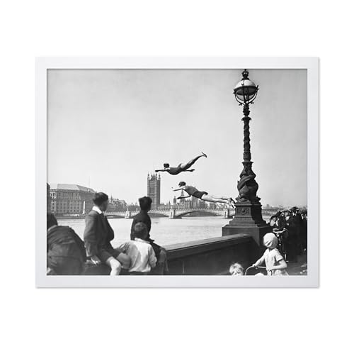 Poster Master Vintage Photograph Poster - Retro Sport Print - Gift for Artist, Friend - Thames River Divers, Swim, Athlete, Man, England - Wall Decor for Living Room, Office, 8x10 White Framed