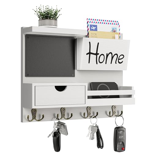Dvobez DVOBEZ-10013 Farmhouse Key Holder For Wall With Mail Organizer - Easy Installation Wall Mount Organizer, Includes Chalkboard, Drawer, Wallet Holder & 4 Double Hooks cover