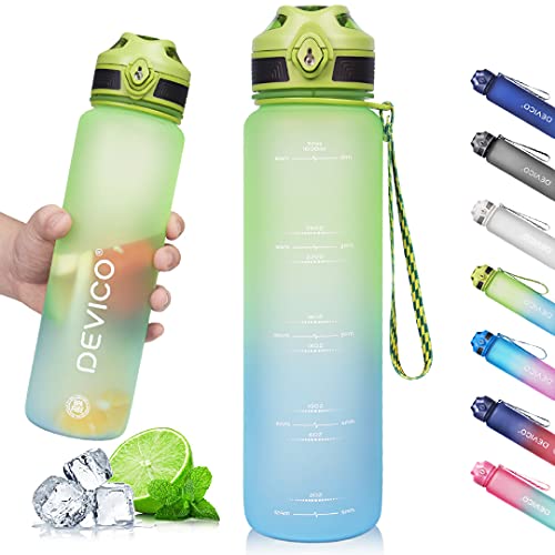 DEVICO 32oz Water Bottle with Time Marker, BPA Free & Frosted Tritan Plastic, Fast Flow & Leak Proof Flip Lid, Best Choice for Cycling, Running, Camping or Office Work