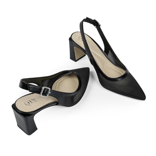 Image of QIY Womens Pumps Chunky Heel Pointed Toe Slingback Heels for Women