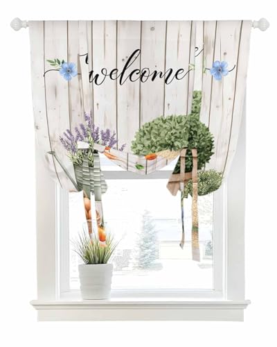 Tie Up Curtains for Windows Farm Lavender Flowers Kettle Rod Pocket Tie-Up Window Shade Adjustable Balloon Curtain Valance Potted Plant on Wood Board for Bedroom Kitchen Bathroom Blinds,34x45in