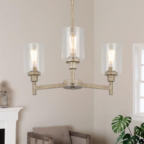 3-Light Fake Wood Rustic Chandeliers for Dining Room with Clear Glass Cover