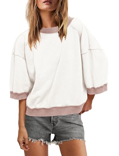 SENSERISE Oversized Sweatshirt for Women Short Sleeve Crewneck Sweatshirt 3/4 Sleeve Pullover Tops Color Block Top(Cream White,M)