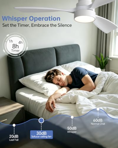 Image of Sofucor 48 Inch Wood Ceiling Fans with Lights, Flush /Downrod Mount, White | Remote Control, Quiet Reversible DC Motor, 3CCT Dimmable, 6 Speeds, Timer, Indoor /Outdoor /Bedroom /Living Room /Patio /Kitchen
