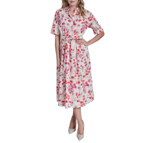 Image of DKNY Women's Short Sleeve Cotton Poplin Collared Midi Shirtdress