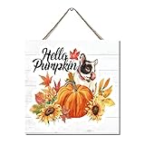 Hello Pumpkin with Dog Sunflowers Wood Plaque Pet Autumn Harvest Pumpkin Sunflowers Maple Leaf Hanging Wooden Sign Wall Hanging Farmhouse Style Wood for Signs Shop Store Salon 12x12in