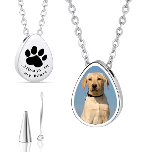 MeiceM Custom Pet Photo Necklace,Personalized Dog Memorial Pendant, Always in My Heart Engraving,Double-Sided Teardrop Locket,Dog Cat Urn Chamber