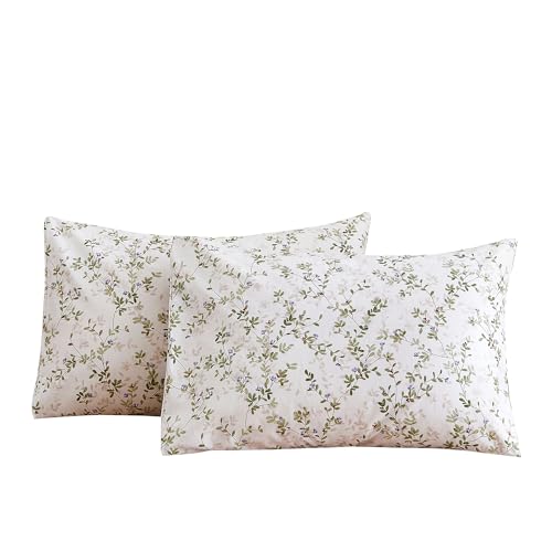 ECOCOTT Pillowcase Queen Size Set of 2, Mini Green Leaves Pattern Printed Floral Pillow Cases - Soft and Breathable 100% Cotton Pillow Covers with Envelope Closure (Queen, 20