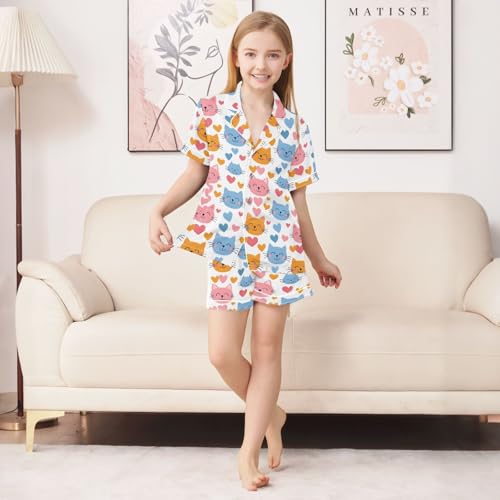ALAZA Cartoon Cat Love Heart Satin Pajamas Set Short Sleeve Button Down Sleepwear Summer Pjs 2 Piece3