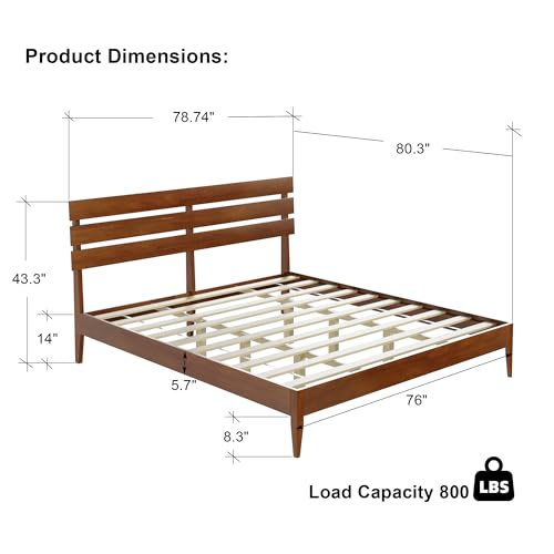 Mekminop Bed Frame with Headboard Solid Wood Platform Bed, King Bed Frame with Wood Slats Support, Mid - Century Modern Bed Compatible with All Mattress Types, Non-Slip and Noise-Free, Walnut - Thumbnail 2