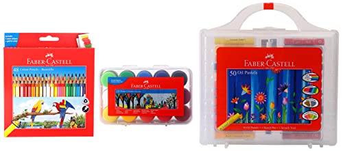 Image of Faber-Castell 48 Triangular Colour Pencils & Poster Color Plastic Box - Pack Of 15 & Oil Pastels Set Of 50 Easy To Pack And Carry Colour Tool Box, Ink Gold