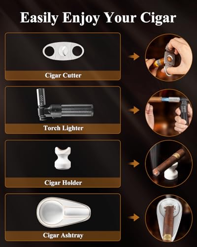 Flauno Cigar Humidor with Torch Lighter, Cigar Cutter, Cigar Ashtray, Cigar Holder, Digital Hygrometer, Divider, Spanish Cedar Wood, up to 60 Cigars, High Gloss Finish Cigar Box for Cigar Lovers