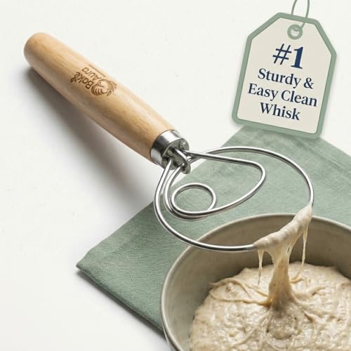 Bake Aura Dough Whisk for Sourdough Bread – Danish Style Stainless Steel Whisk with Wooden Handle – Heavy Duty Mixing Tool for Bread Dough, Pizza & Artisan Baking