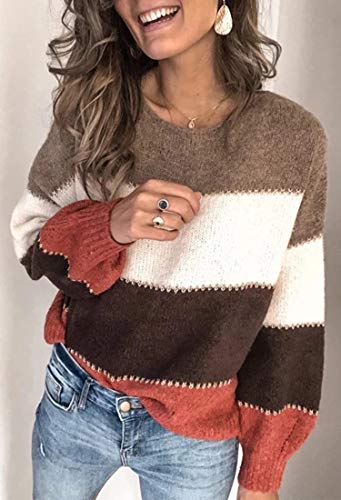 Angashion Women's Sweaters Casual Long Sleeve Crewneck Color Block Patchwork Pullover Knit Sweater Tops Khaki M