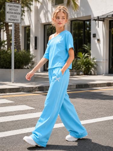 Image of Teen Girls Clothes Off the Shoulder Top and Wide Leg Pants Matching Outfit Set with Pockets Size 7-16