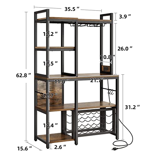 DWVO Large Bakers Rack with Power Outlets and Wine Rack, 35.5 inch 5-Tier Microwave Stand, Coffee Bar with Glasses Holder, Kitchen Storage Shelf with 6 Hooks, for Living Room, Office, Rustic Brown