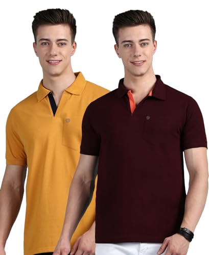 Image of Lux Cozi Men Cotton Regular Fit Polo Neck Half Sleeve Solid Casual T-Shirt with Chest Pocket | Pack of 2 |