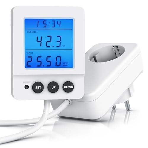 CSL - Energiekostenmessgerät Steckdsose – Strommessgerät digital – kabelgebundenes Display - LED beleuchtet - Stromzähler – 3 Tasten – Überlastanzeige – 3680 Watt
