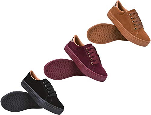 Kit 3 Pares Tenis Camurça Feminino Sapatenis Nobuck Casual Eleganteria Tamanho:38;Cor:Marrom, Vermel