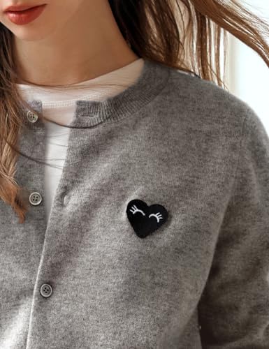 Women's Grey Cardigan, Crew Neck Button up Cropped Long-Sleeve Lightweight Sweater with Heart Pattern4