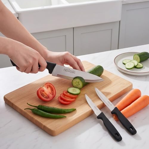 Image of Nestasia Stainless Steel Kitchen Knife Set of 3 for Home (10 Inch, 9 Inch, 8 Inch) - Rust-Resistant Sharp Vegetable Knife with Non-Slip Handle for Cutting, Chopping, Slicing & Cooking