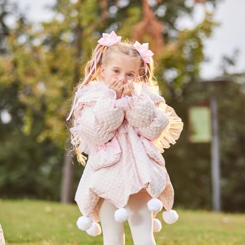 3-8 Years Girls Christmas Clothing, Cute Pink Down Coat with Elf Hat, Height 35″-59″ (90cm-150cm)3