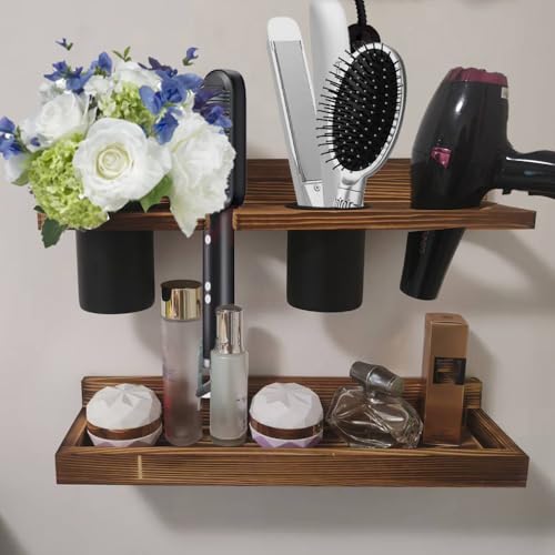 Wooden 2-Tier Wall-Mounted Hair Tool Organizer with Heat Resistance - Ideal for Hair Dryer, Flat Iron, Curling Wand, Brushes & More - Rustic Style with Free Self-Adhesive Headband Holder