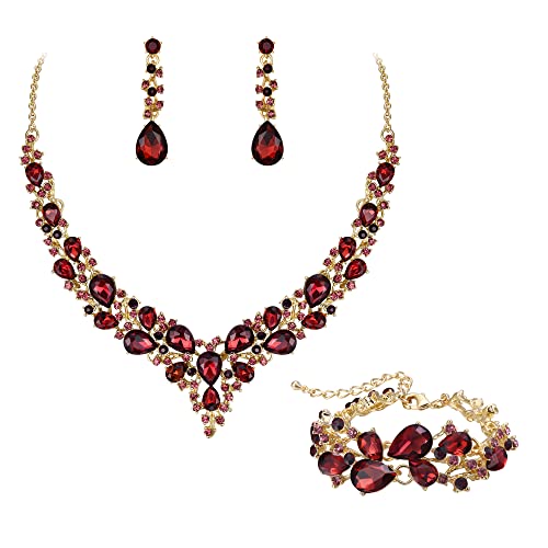 EVER FAITH Parure Bijoux Mariage Collier Boucles d'oreilles et Bracelet 3PCS Ensemble pour Femmes Autrichiennes Cristal Goutte d'eau Cluster de Violet Ton d'or