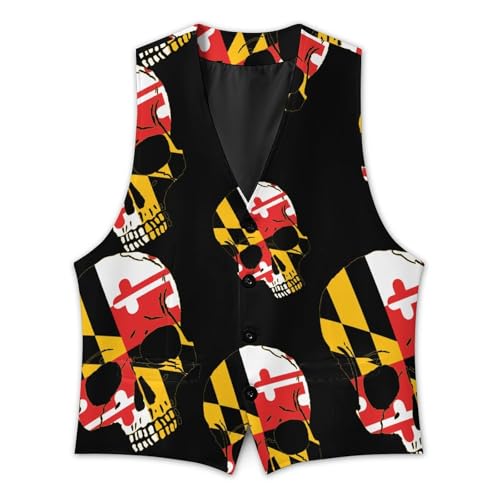 Maryland Flag Skull Head Men's Formal Suit Vest for Business Formal Or Casual Dress Waistcoat Wedding3