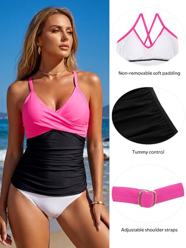 Image of RELELCIGA Women's Tankini Top V Neck Ruched Tummy Control Bathing Suit Top