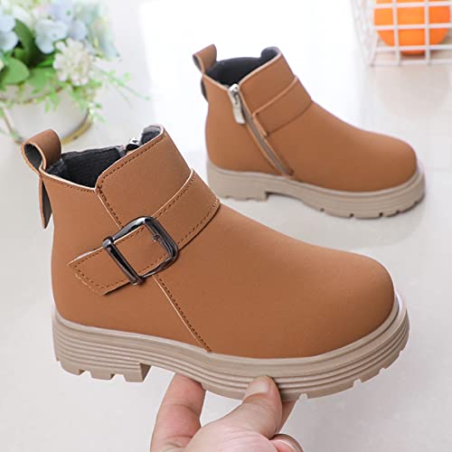 Girls Ankle Boots Scrub Leather Buckle 𝐖aterproof 𝐂ombat Shoes with Side Zipper for Toddler/Little Kid/Big Kid3