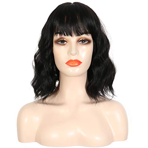 Natural Wavy Wig With Bangs for Women Short Bob Wigs Shoulder Length Wigs Synthetic Wig for Girl (12INCH, 1B#)