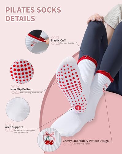 Image of Yawlsow Cute Pilates Grip Socks for Women Ruffle Frilly Yoga Socks Non Slip Cotton Crew Grippy Sock for Barre Workout