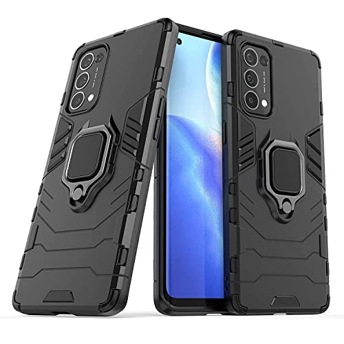 Image of WOW IMAGINE Shock Proof Back Case Mobile Cover for Oppo Reno 5 Pro | Back Cover Case (Tough Armor | Hybrid PC + TPU | Ring Holder & in-Built Kickstand | Black)